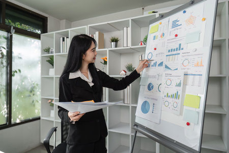 Accountant presenting financial graphs and data on a board, discussing tax strategies and financial...