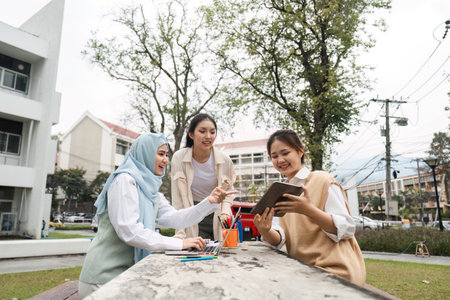Multicultural female students discussing project ideas outdoors with tablet and laptop.の写真素材