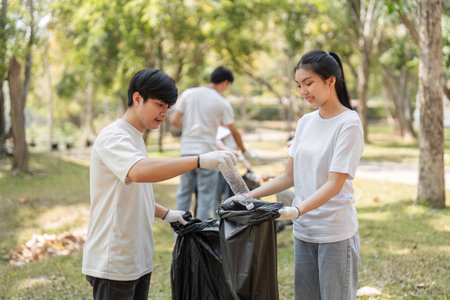 Volunteers engaging in a community cleanup, collecting trash in a park setting.の写真素材
