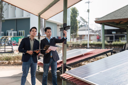 Sustainable business practices. Professionals evaluating solar energy systems for renewable...