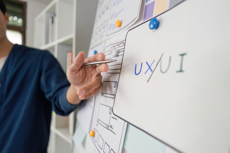 UXUI Focus and Professional Detailing. Team member highlights key design principles.の写真素材