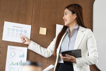 Effective Presentation and Leadership. A confident businesswoman presents project management...