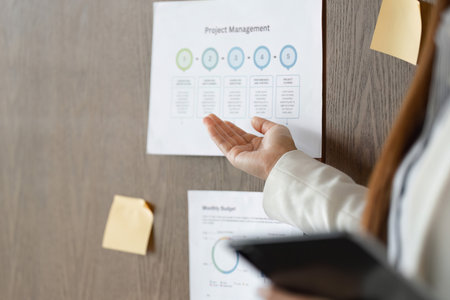 Project Management Insights and Strategy. A businesswoman explains project metrics during a strategic presentation, focusing on key performance indicators.の写真素材