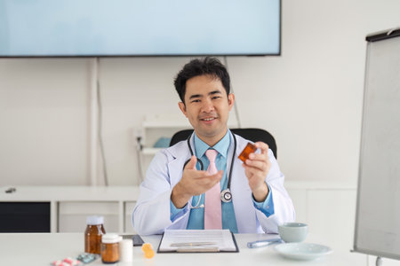 Telemedicine and Patient Care. A doctor discussing medication and health tips during a virtual consultation session.の写真素材