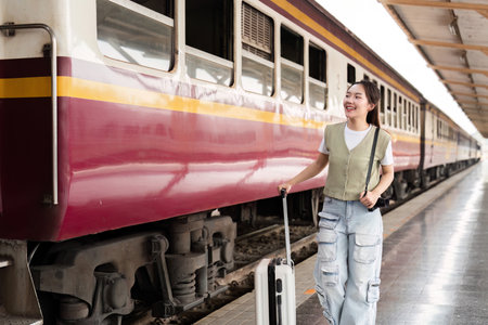 Traveling and Experiences. A young woman with a suitcase smiling as she walks alongside a train.の写真素材