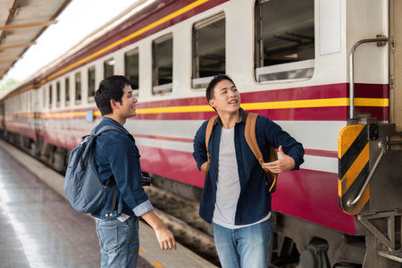 Travel and Anticipation. Two friends getting ready to board their train, discussing their upcoming adventure.の写真素材