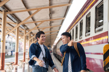 Travel Enthusiasm and Joyful Conversations. Two friends chatting about their travel plans at the train station.の写真素材