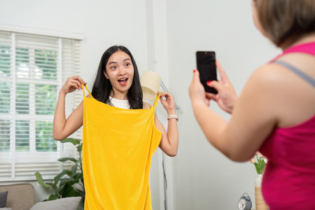 Fashion and Friendship. A young woman excitedly models a bright yellow dress while her friend...