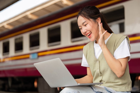 Remote Work and Connection. A happy young woman video chatting on her laptop at the train station.