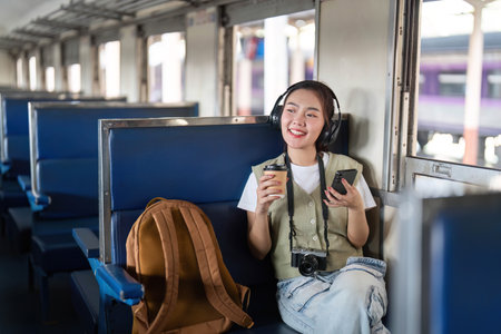 Savoring the Moment and Travel. A joyful traveler enjoys her drink while listening to music on the...
