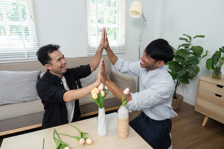 Playfulness and LGBT Joy. Two men engaging in a fun high-five, celebrating their connection in a bright living space.の写真素材