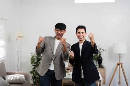 Celebration and Team Spirit in Business. Two men expressing excitement, showcasing their teamwork and success.の写真素材