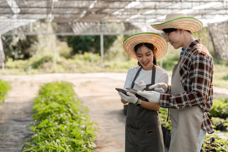 Couple Using Modern Technology to Cultivate an Herbal Garden in a Greenhouse Settingの写真素材