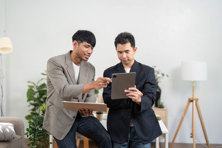 Business Discussion and Collaboration. Two professionals engaged in a productive meeting, analyzing data on a tablet.の写真素材