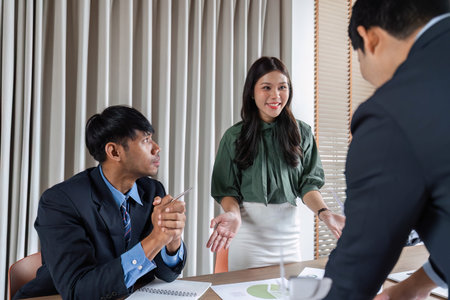 ESG strategy discussion in corporate meeting settingの写真素材