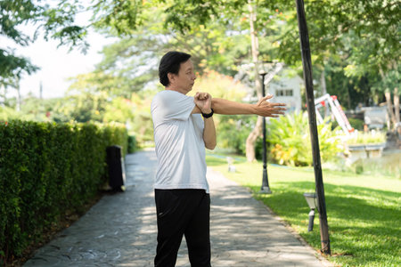 Wellness and Stretching. Senior man stretching his arms in a park.の写真素材