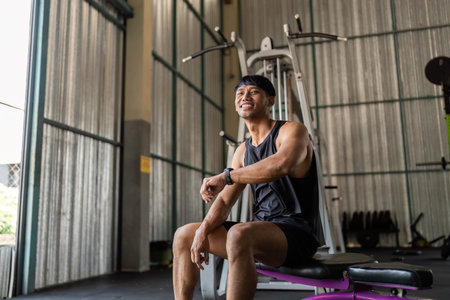 Fitness: Smiling After Workout in Gym moment to rest, reflecting on his workoutの写真素材