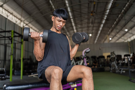 Fitness Training. Young man performing bicep curls with dumbbells in gym.の写真素材