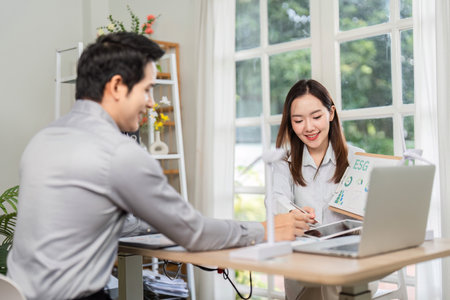 ESG Business Meeting. Engaging discussion on sustainability initiatives.の写真素材