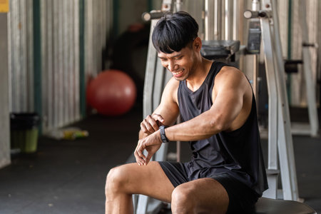 Fitness Journey. Happy man smiling while checking fitness watch after workout.