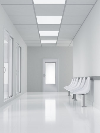 Minimal hospital corridor with empty seating area, 3D render illustrationの写真素材