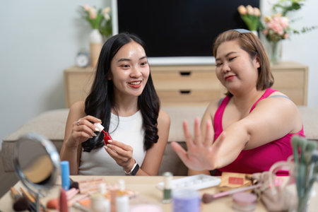 Beauty and Expression. Friends experimenting with nail art while enjoying each others company.の写真素材