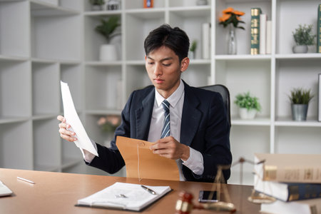 Young businessman analyzing documents and preparing for important tasks in a modern office...