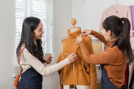 Fashion designers collaborating and measuring a knitted sweater on a mannequin, highlighting teamwork in a vibrant boutiqueの写真素材