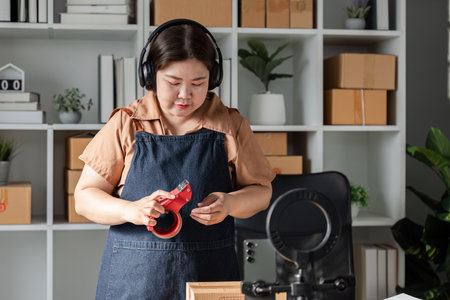 Young woman entrepreneur preparing packages for livestream selling online in a modern home officeの写真素材