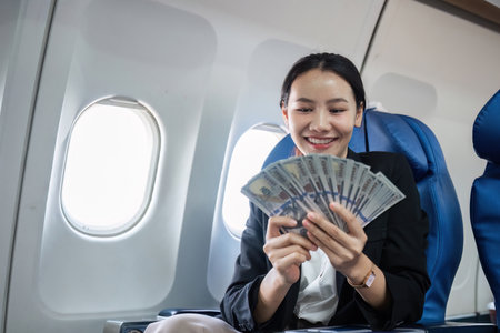 Confident Businesswoman Celebrates Financial Success with a Smile and a Fan of Dollar Bills on an Airplaneの写真素材