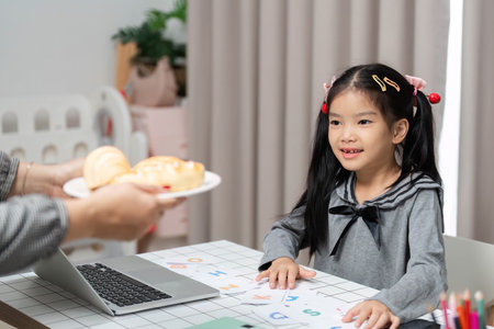 Joyful Learning Experience. Girl smiling while engaging in educational activities at home.