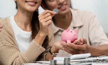 Financial Empowerment and Teamwork. Couple showcasing savings with a piggy bank and coins.の写真素材