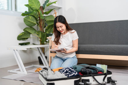 Travel Checklist. A woman writing notes while packing her suitcase.の写真素材