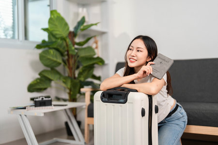 Travel Planning. Happy woman holding passport next to her suitcase.の写真素材