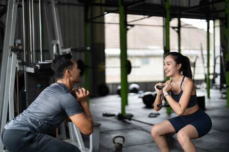 Strength Training and Personal Coaching. A trainer guiding a woman through squats with weights in a gym.の写真素材