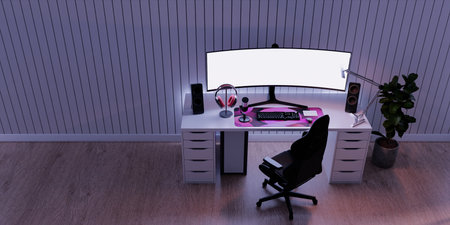 Streaming room setup with pink accents and modern design. 3D render illustration