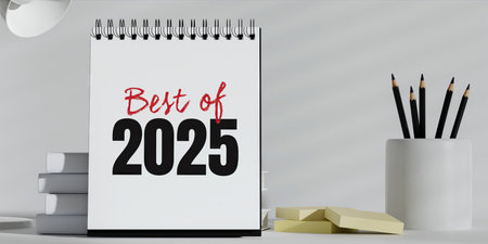 Best of 2025 notepad with pencils and books, minimal workspace, 3D render.