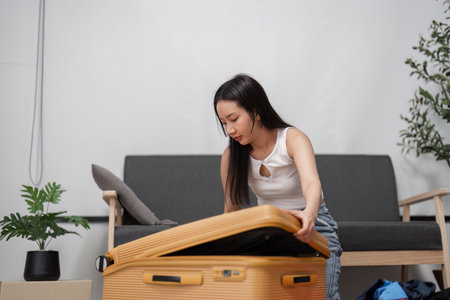Young Woman Packing Suitcase for Travel Adventure in Modern Living Room Setting with Stylish Decor...