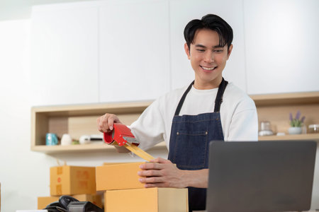E-commerce Packaging. Smiling worker sealing boxes with tape while using a laptop.