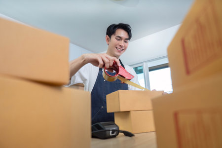 E-commerce fulfillment. Young man packing boxes with tape for online orders.の写真素材