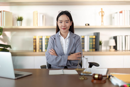 Young Lawyer. Confident female attorney in modern office with arms crossed.の写真素材