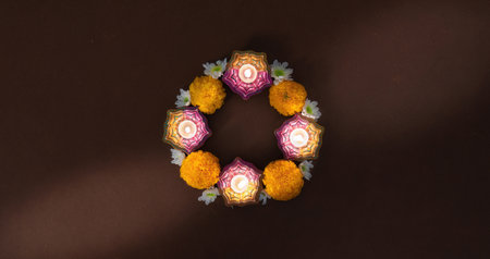 Circle of Diwali Candles and Marigold Flowersの写真素材