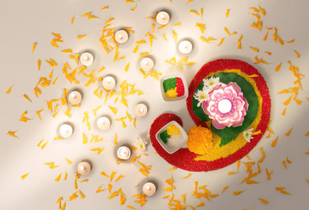 Diwali candle setup with vibrant flower petals and decorative itemsの写真素材