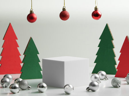 Christmas background with white cube and festive trees for product showcasing.の写真素材