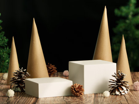 Minimalist Christmas Background with Pine Cones and Display Blocksの写真素材