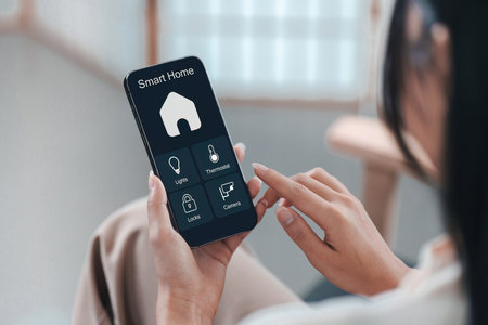 Smart Home Technology. User controlling home devices with smartphone app.
