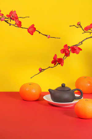 Vibrant Tea Set with Oranges and Blossoms for New Yearの写真素材