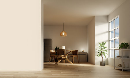 Contemporary dining area with wood accents and ample sunlight. 3D render illustration