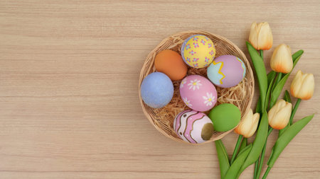 Easter Basket. Colorful eggs and tulips in a basket on wooden background.
