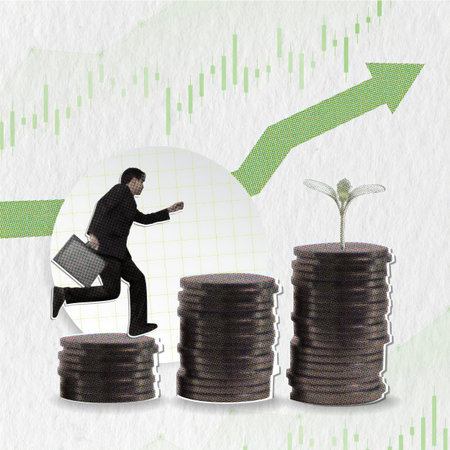 Collage illustrating financial growth and success with dynamic elements.の写真素材